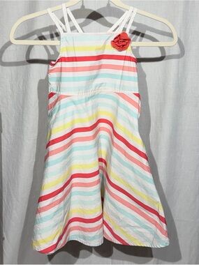 Vintage Gymboree White Multicolor Stripe Sundress with Coral Flower